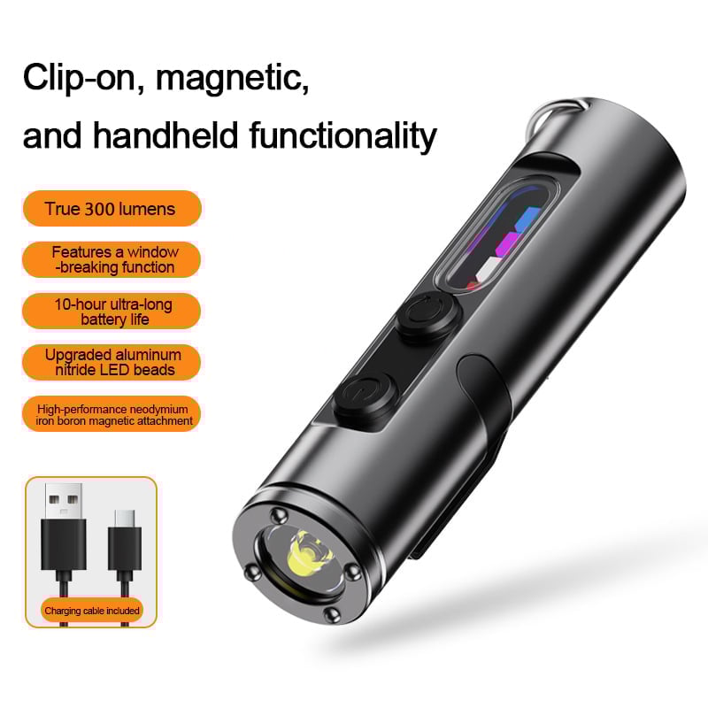 🔦Pocket Rechargeable EDC Flashlight: Mini Keychain Light with Fire Starter & Window Breaker