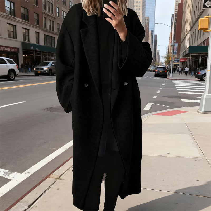 Women's Winter Double-Breasted Long Wool Coat Black Casual Notched Lapel Long Coat for Daily Life & Office Wear Womenswear Basic