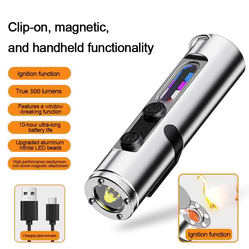 🔦Pocket Rechargeable EDC Flashlight:  Mini Keychain Light with Fire Starter & Window Breaker