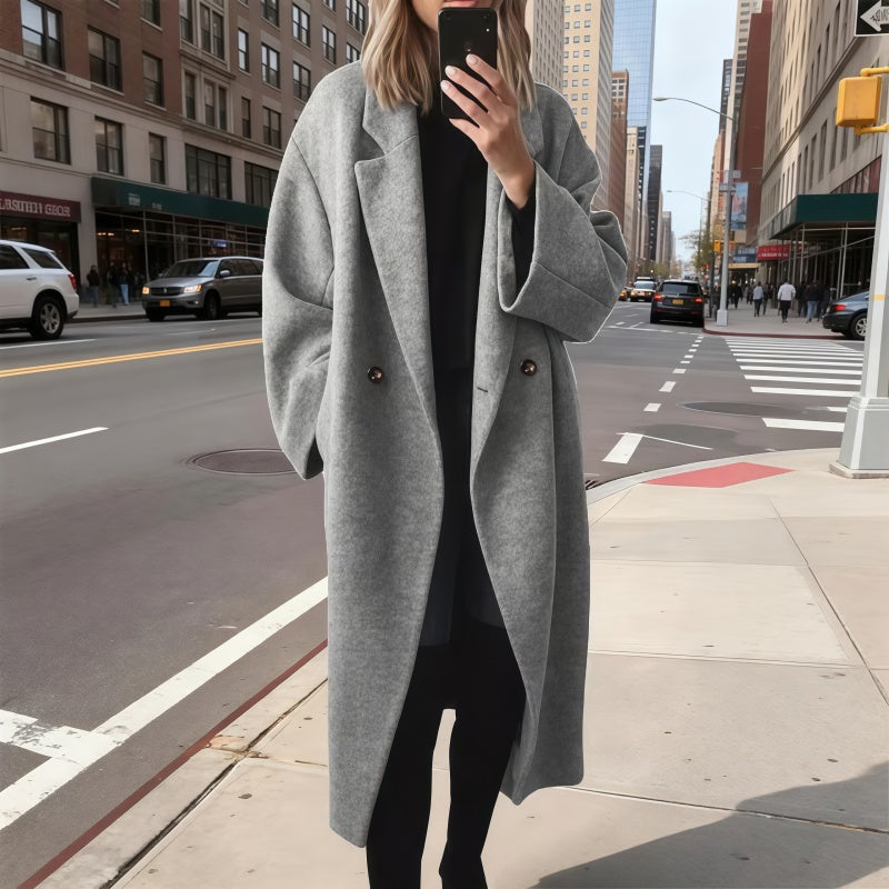 Women's Winter Double-Breasted Long Wool Coat Black Casual Notched Lapel Long Coat for Daily Life & Office Wear Womenswear Basic