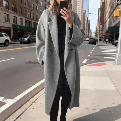 Women's Winter Double-Breasted Long Wool Coat Black Casual Notched Lapel Long Coat for Daily Life & Office Wear Womenswear Basic