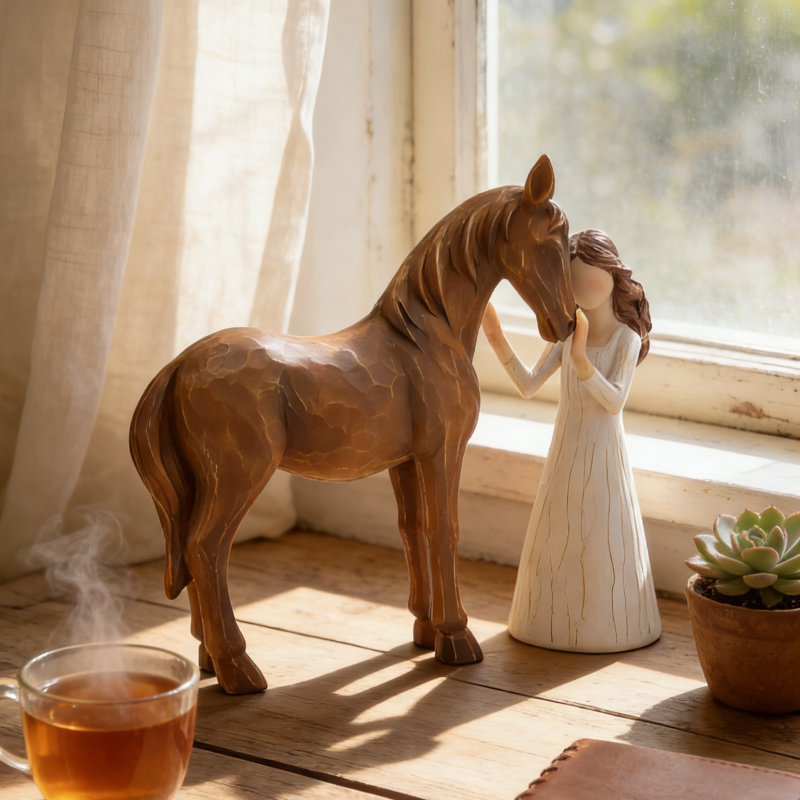 Children‘s Souvenir🎁: Symbolic Desktop Sculpture💖Girl Embraces Horses Figurine