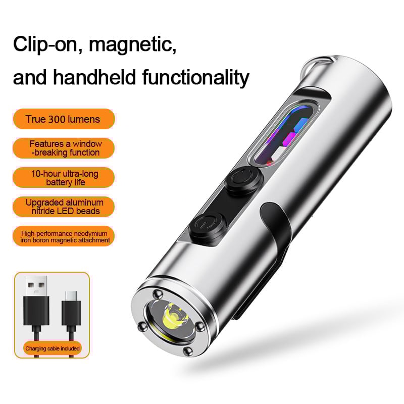 🔦Pocket Rechargeable EDC Flashlight:  Mini Keychain Light with Fire Starter & Window Breaker