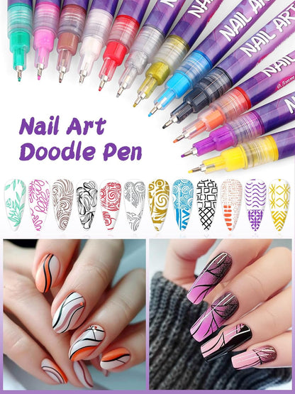 🔥 12-Color Gel Nail Art Pen Set | Acrylic Nail Paint & Dotting Tools for DIY Manicure