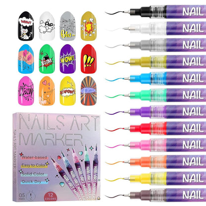 🔥 12-Color Gel Nail Art Pen Set | Acrylic Nail Paint & Dotting Tools for DIY Manicure