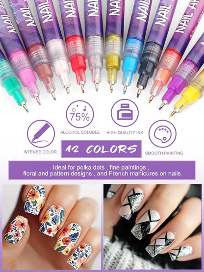 🔥 12-Color Gel Nail Art Pen Set | Acrylic Nail Paint & Dotting Tools for DIY Manicure
