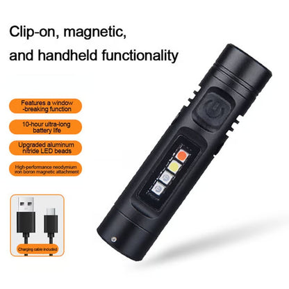 🔦Pocket Rechargeable EDC Flashlight:  Mini Keychain Light with Fire Starter & Window Breaker