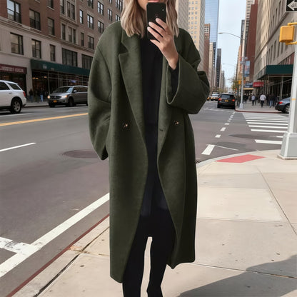 Women's Winter Double-Breasted Long Wool Coat Black Casual Notched Lapel Long Coat for Daily Life & Office Wear Womenswear Basic
