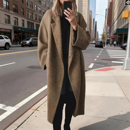 Women's Winter Double-Breasted Long Wool Coat Black Casual Notched Lapel Long Coat for Daily Life & Office Wear Womenswear Basic